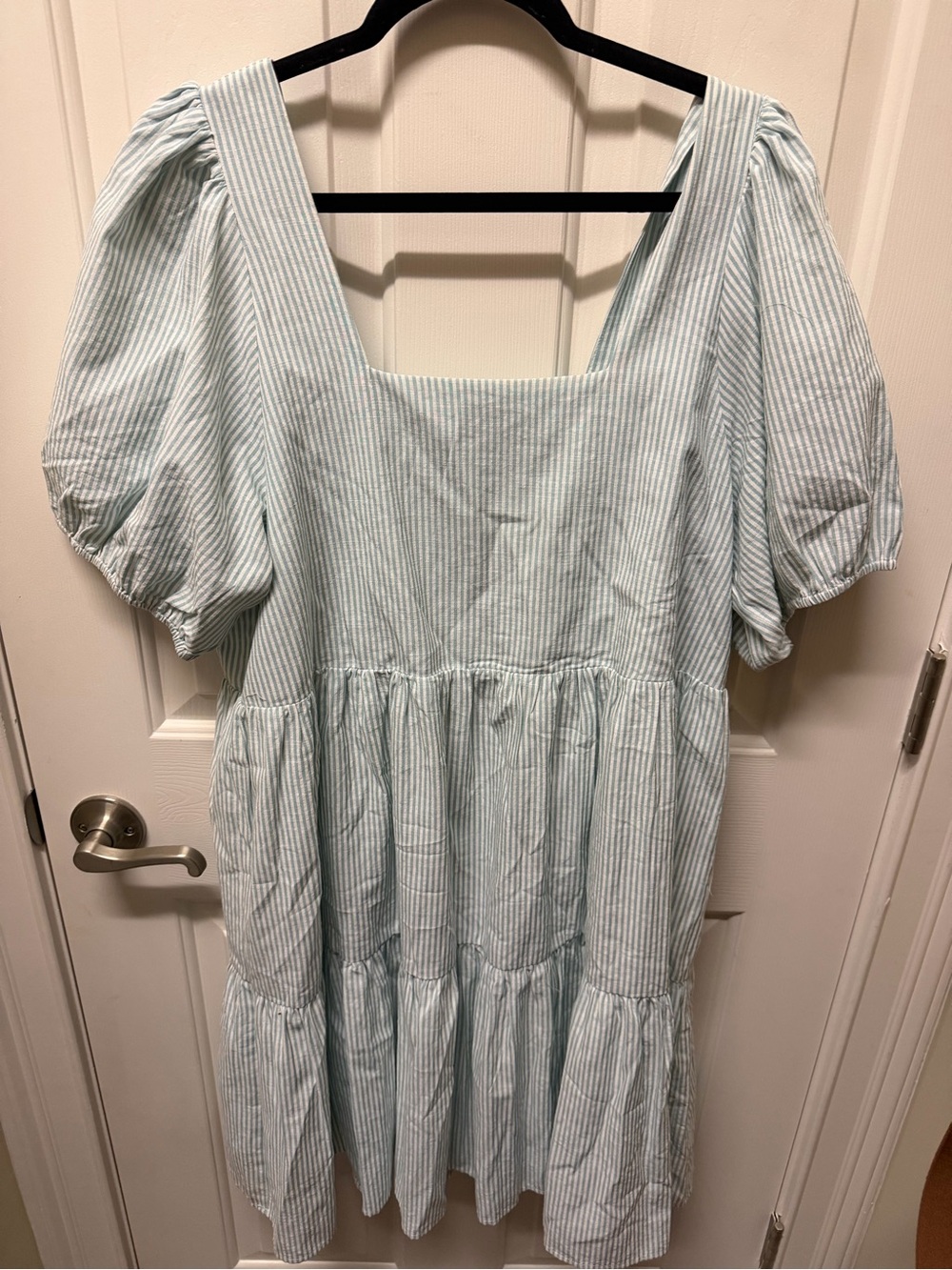 Molly Bracken Light Blue & White Striped Square Neck Midi Dress